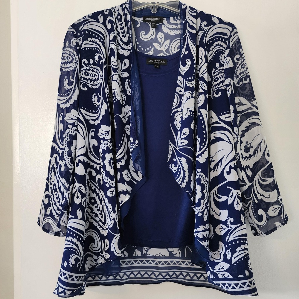 PS Y2K Vintage Two Piece Top, Dark Blue and White Paisley Notations Petite Tunic